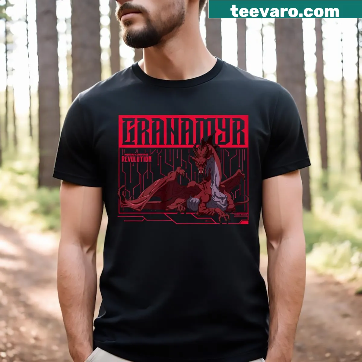 Illustrative T-shirt featuring Granamyr The Dragon graphic. — on a men's t-shirt