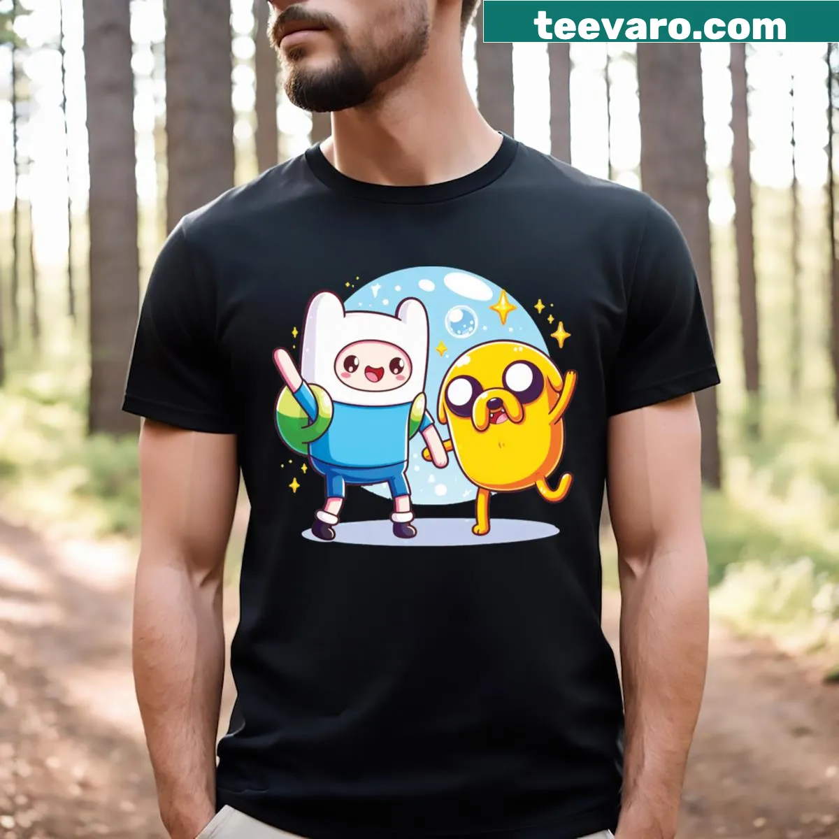 Illustrated design of Finn and Jake on a t-shirt — on a men's t-shirt