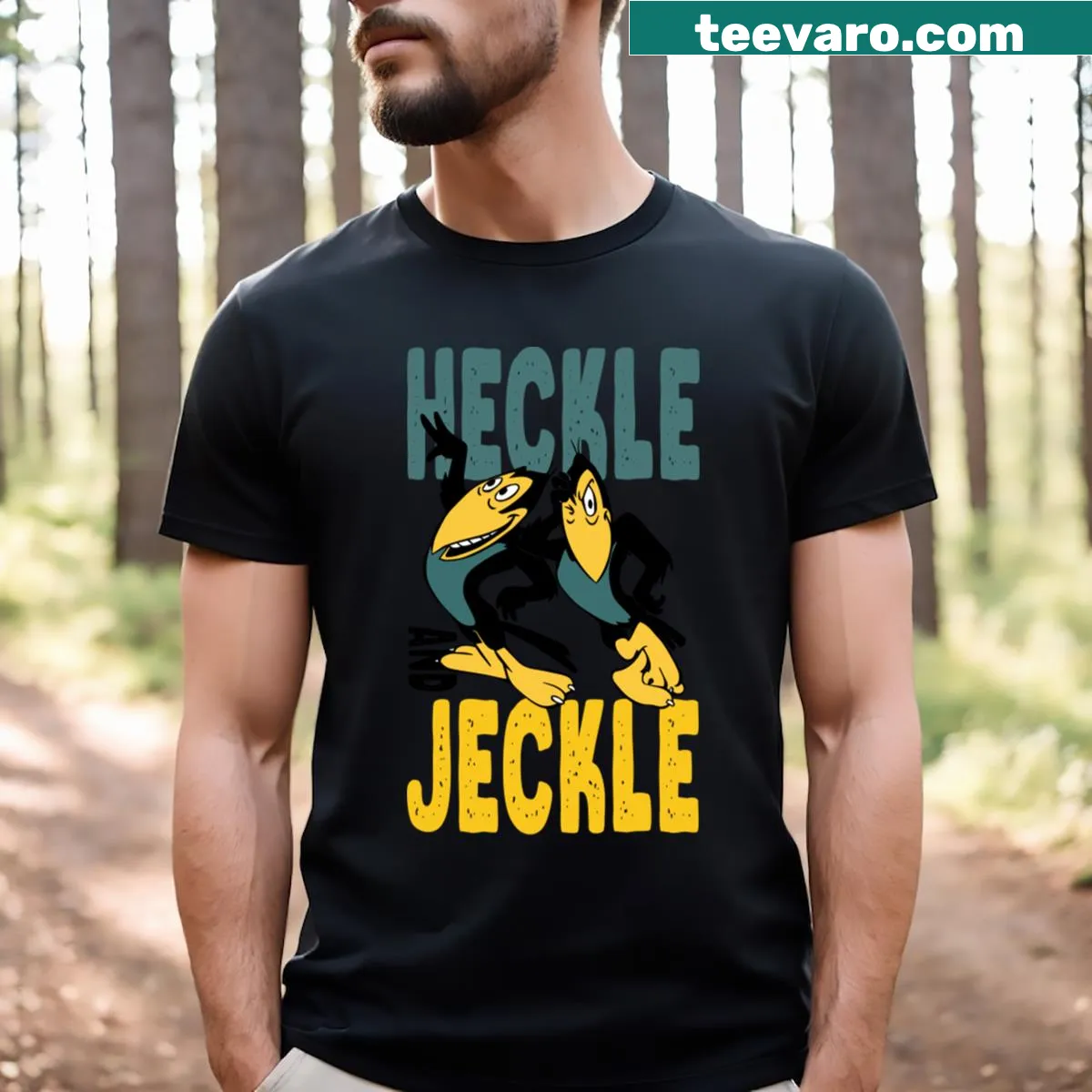 Cartoon T-shirt featuring Heckle and Jeckle characters — on a men's t-shirt