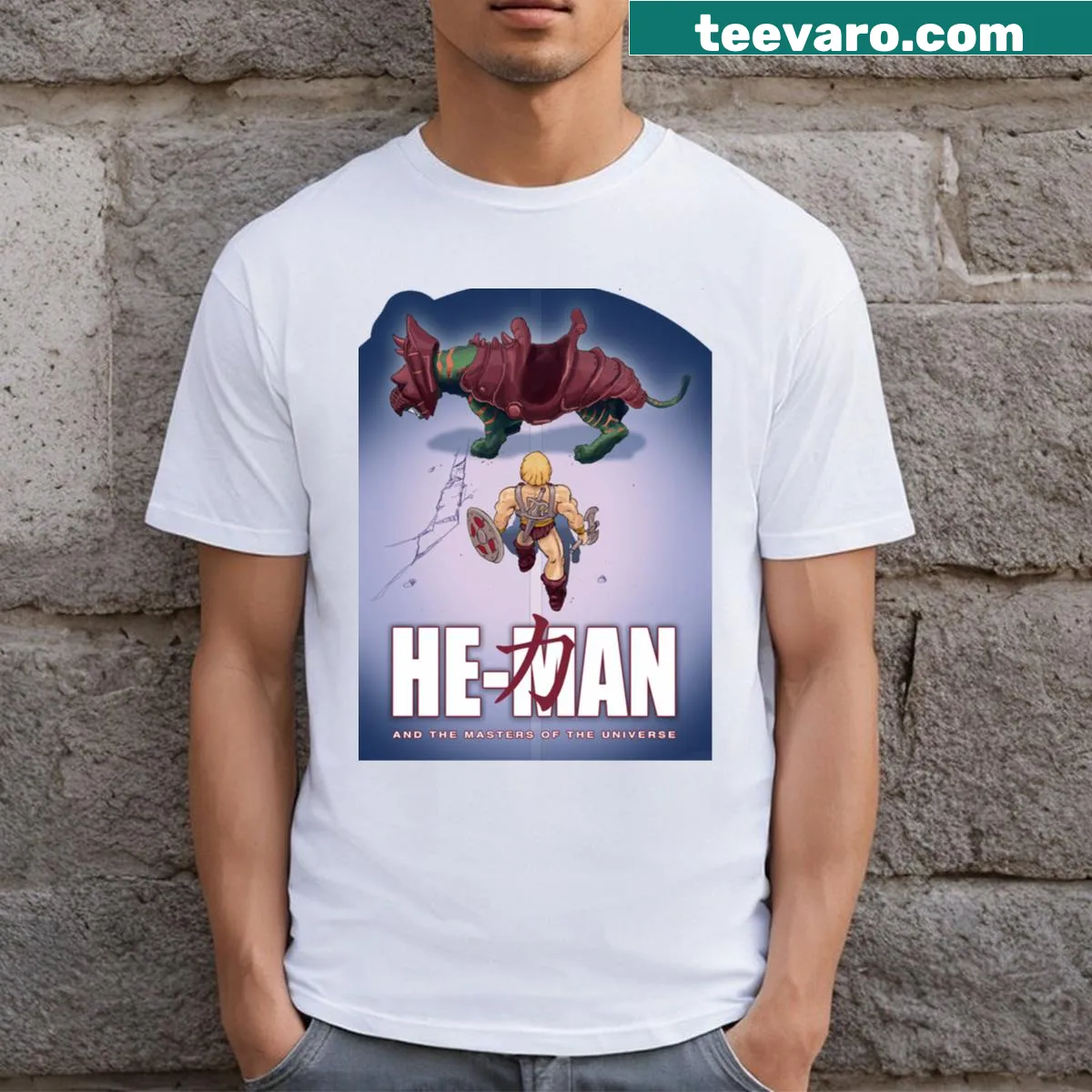 Dynamic graphic combining He-Man and Akira themes on a T-shirt — on a men's t-shirt