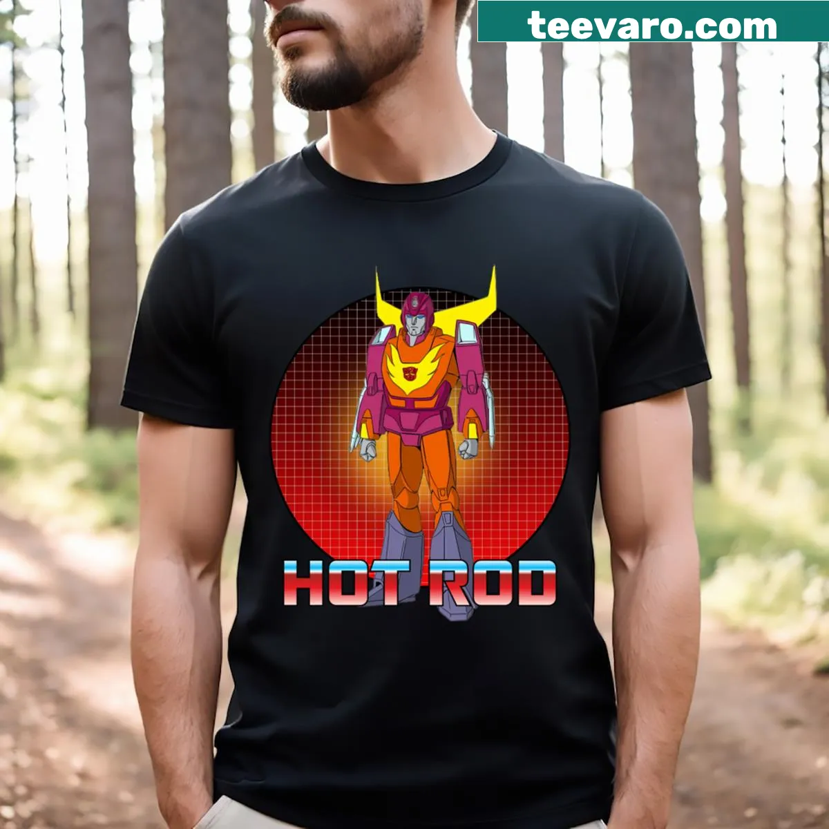Hot Rod Autobot graphic t-shirt from Transformers G1 — on a men's t-shirt