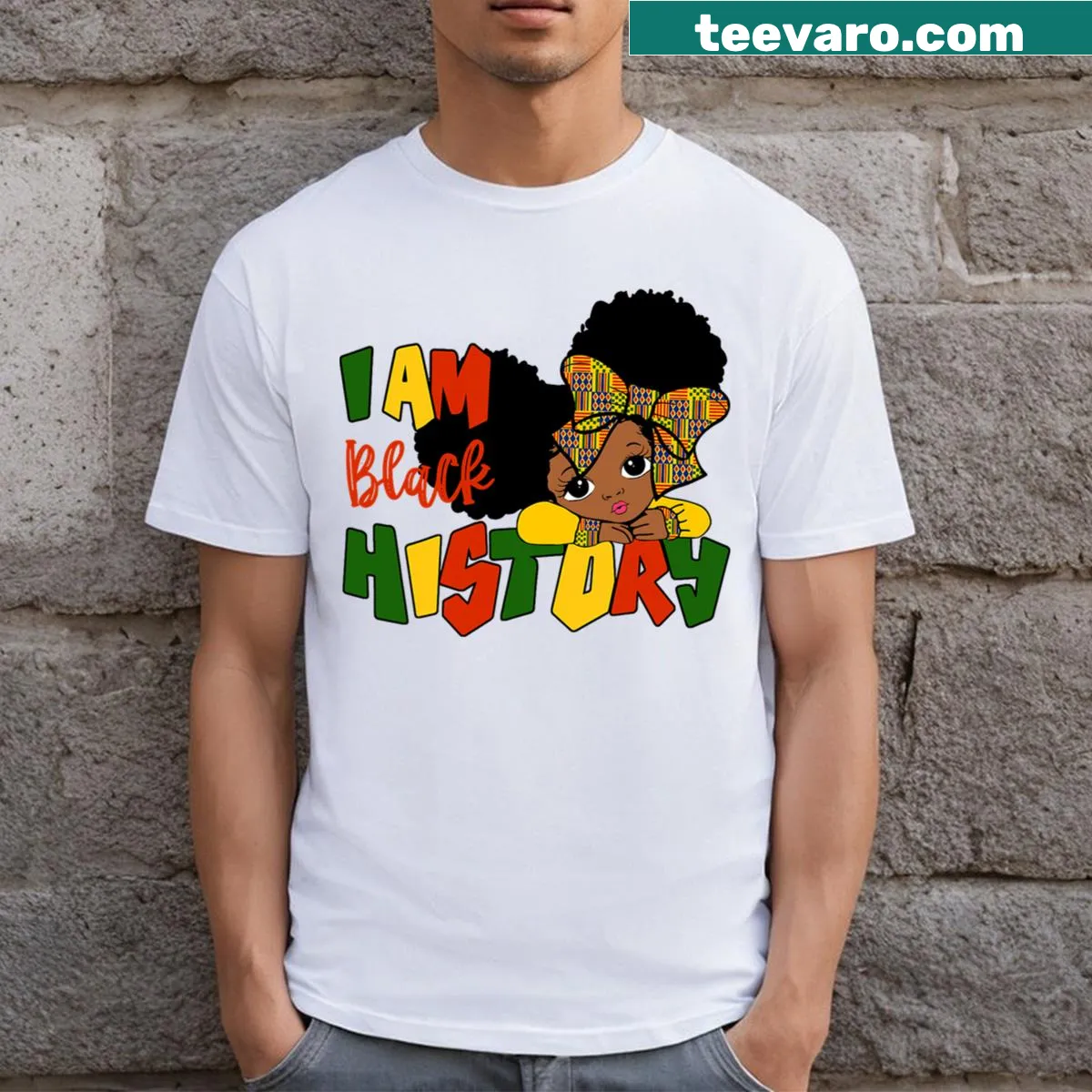Kids t-shirt with 'I Am Black History Month' and Kente design — on a men's t-shirt