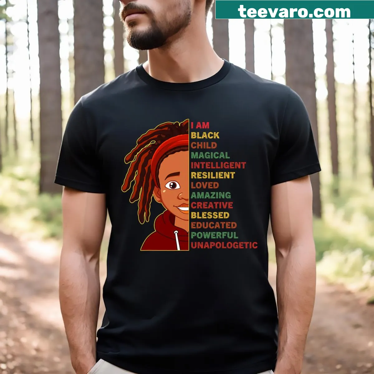 Kids Boys t-shirt with 'I Am Black History Month' empowering text — on a men's t-shirt