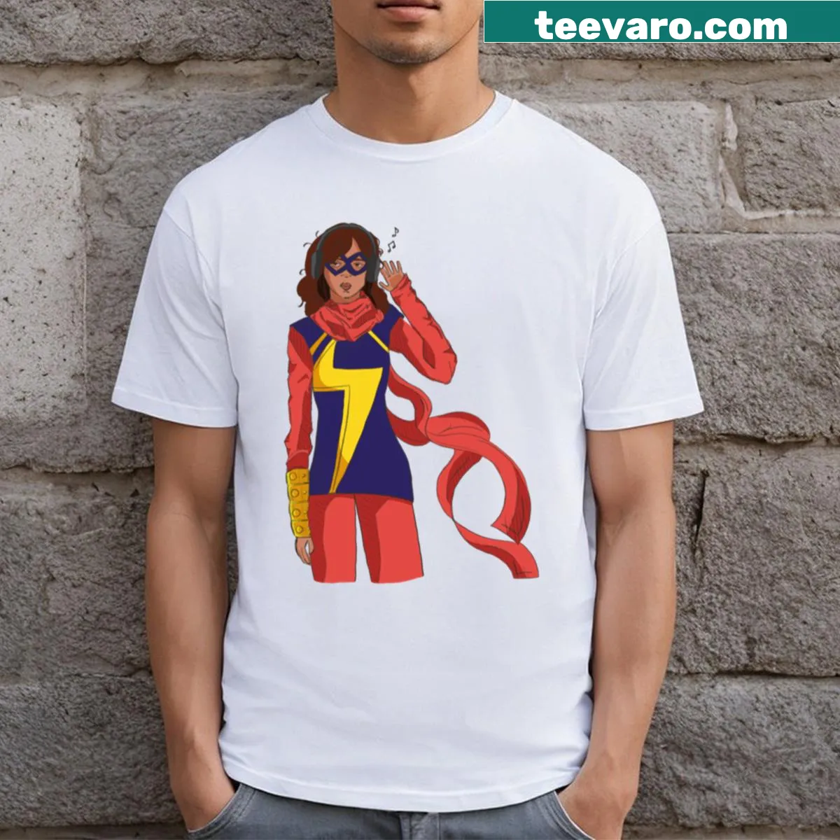 T-shirt depicting Kamala Khan in an action pose — on a men's t-shirt