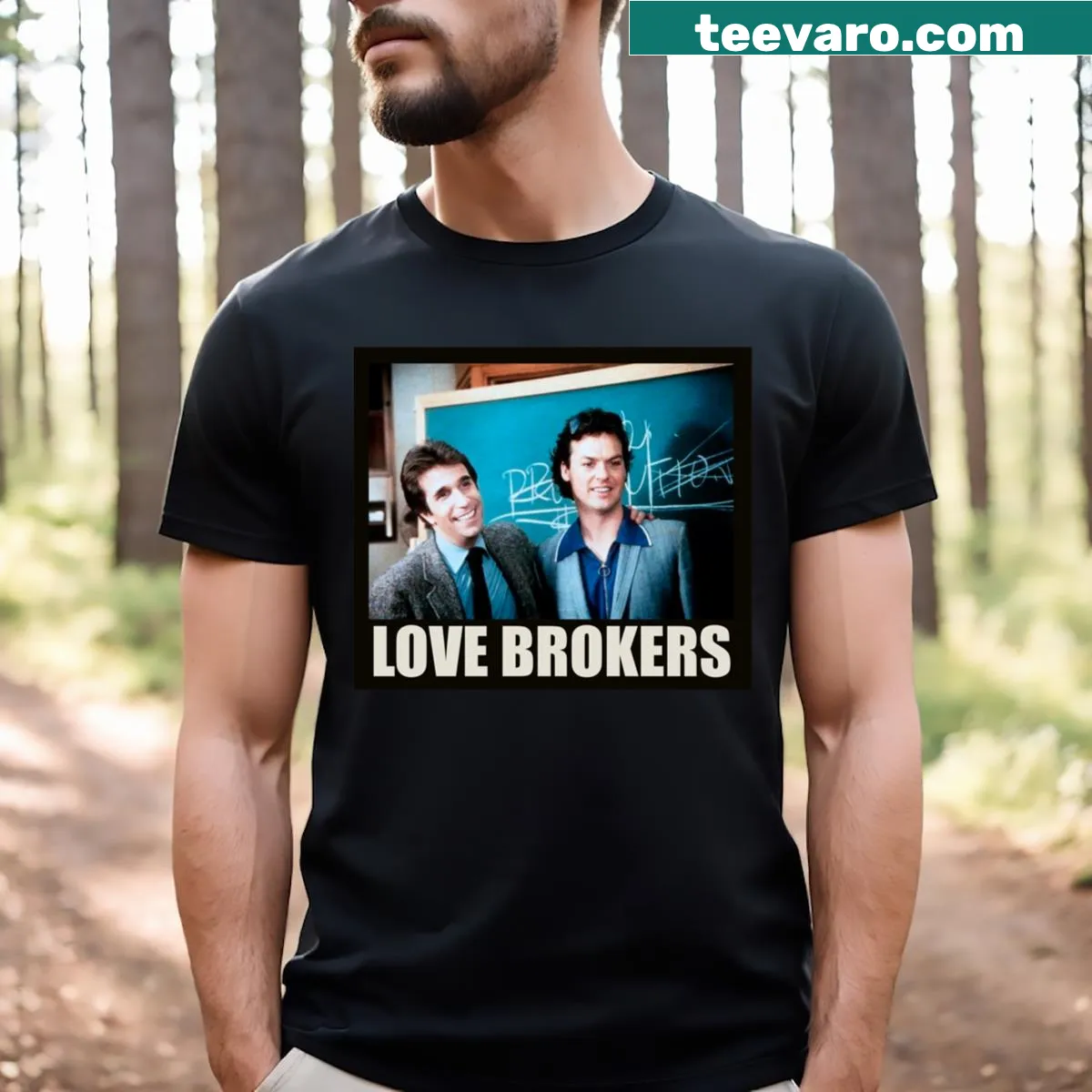T-shirt featuring Love Brokers Night Shift in warm typography — on a men's t-shirt