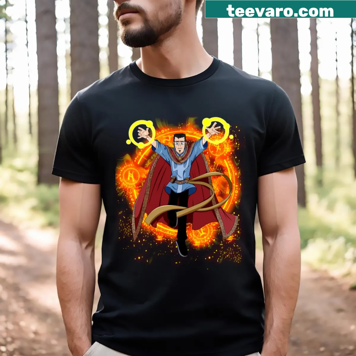 Illustrated Magic Circle T-shirt with celestial symbols and patterns — on a men's t-shirt
