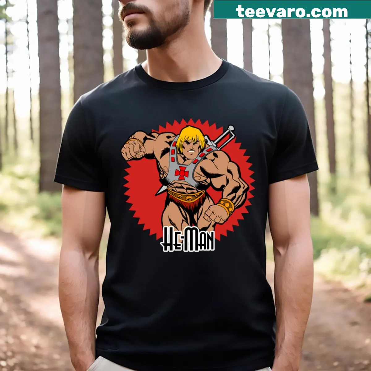 Retro T-shirt featuring He-Man from Masters of the Universe — on a men's t-shirt