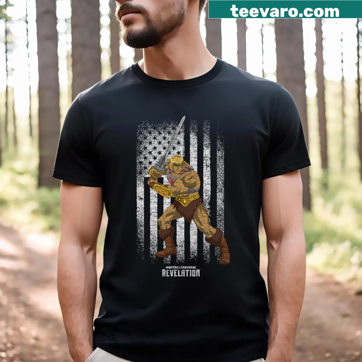 Distressed flag graphic featuring He Man on a T-shirt — on a men's t-shirt