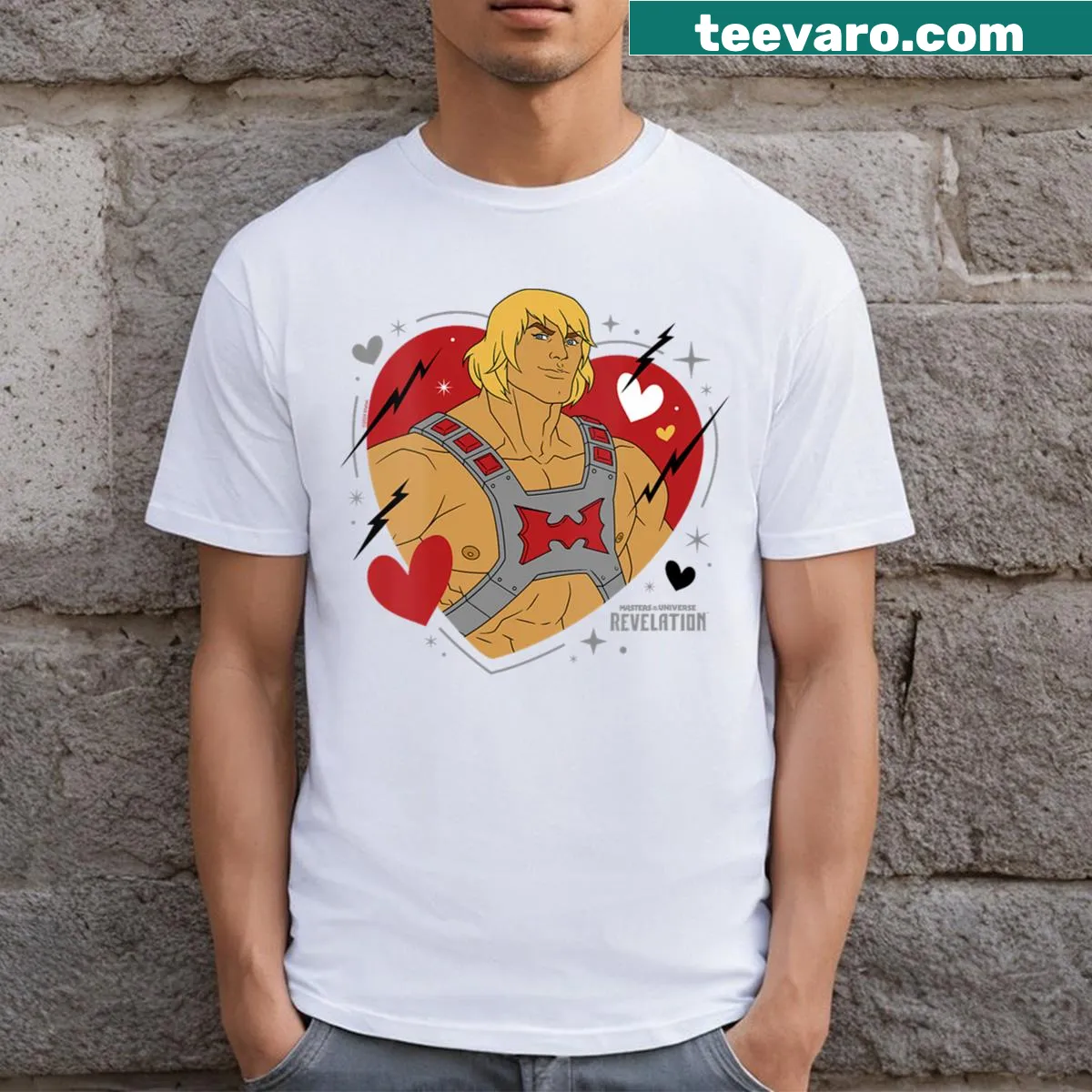 He-Man heart graphic on a vintage-style Masters Of The Universe V-neck T-shirt — on a men's t-shirt