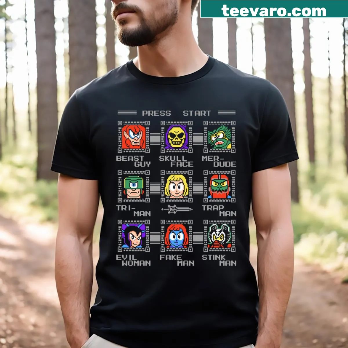 Nostalgic illustration t-shirt featuring iconic Masters of the Universe characters. — on a men's t-shirt