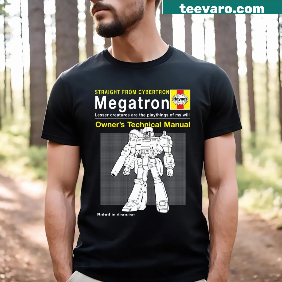 Megatron T-shirt featuring illustrations inspired by Haynes manuals — on a men's t-shirt