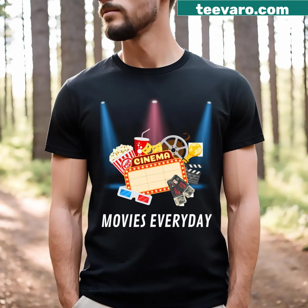 Funny t-shirt featuring the text 'Movies Everyday!!!' with playful graphics. — on a men's t-shirt