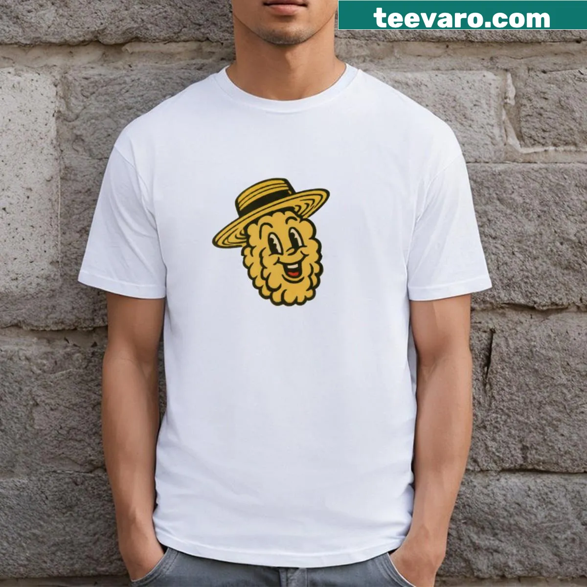 Playful T-shirt featuring a popcorn character with a smiling face — on a men's t-shirt