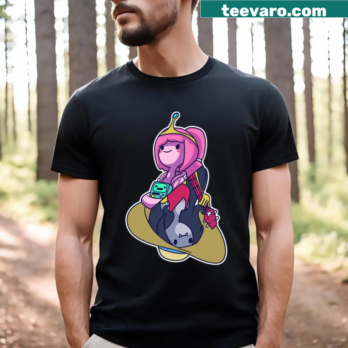 Cute T-shirt featuring Princess Bubblegum and Marceline from the animated series — on a men's t-shirt