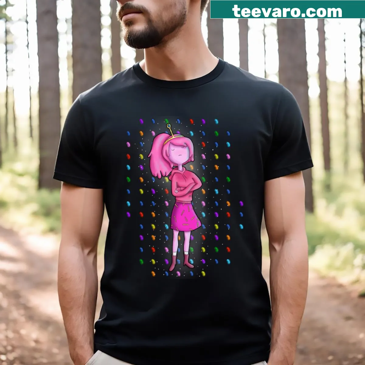 Retro Princess Bubblegum t-shirt featuring her silhouette and playful elements. — on a men's t-shirt