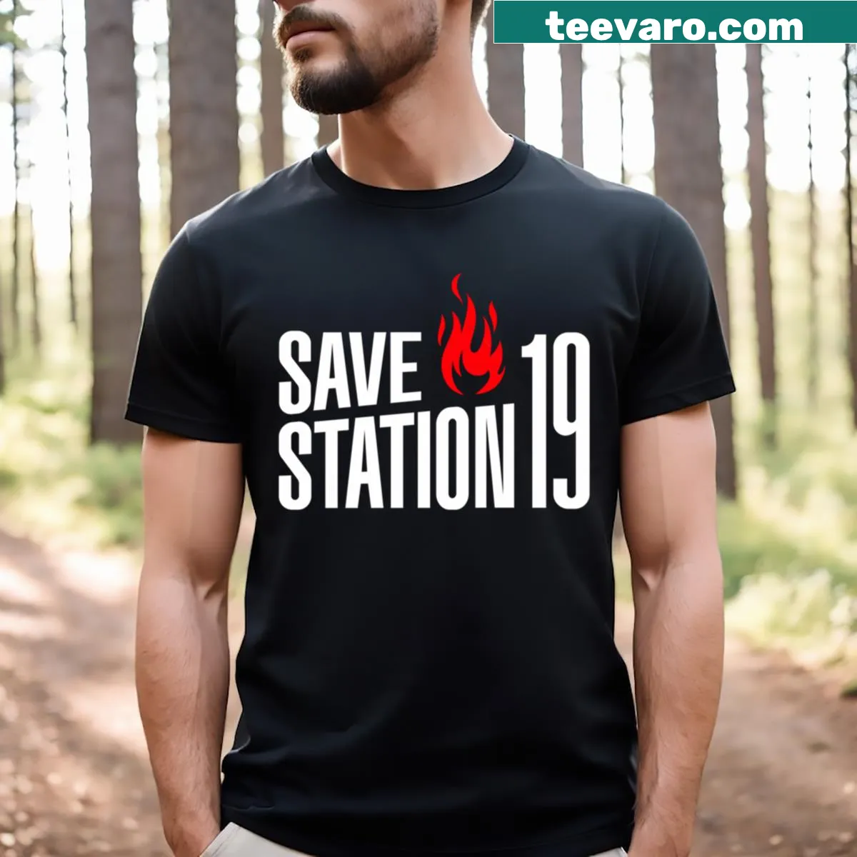 Large logo t-shirt representing Station 19 for fans. — on a men's t-shirt