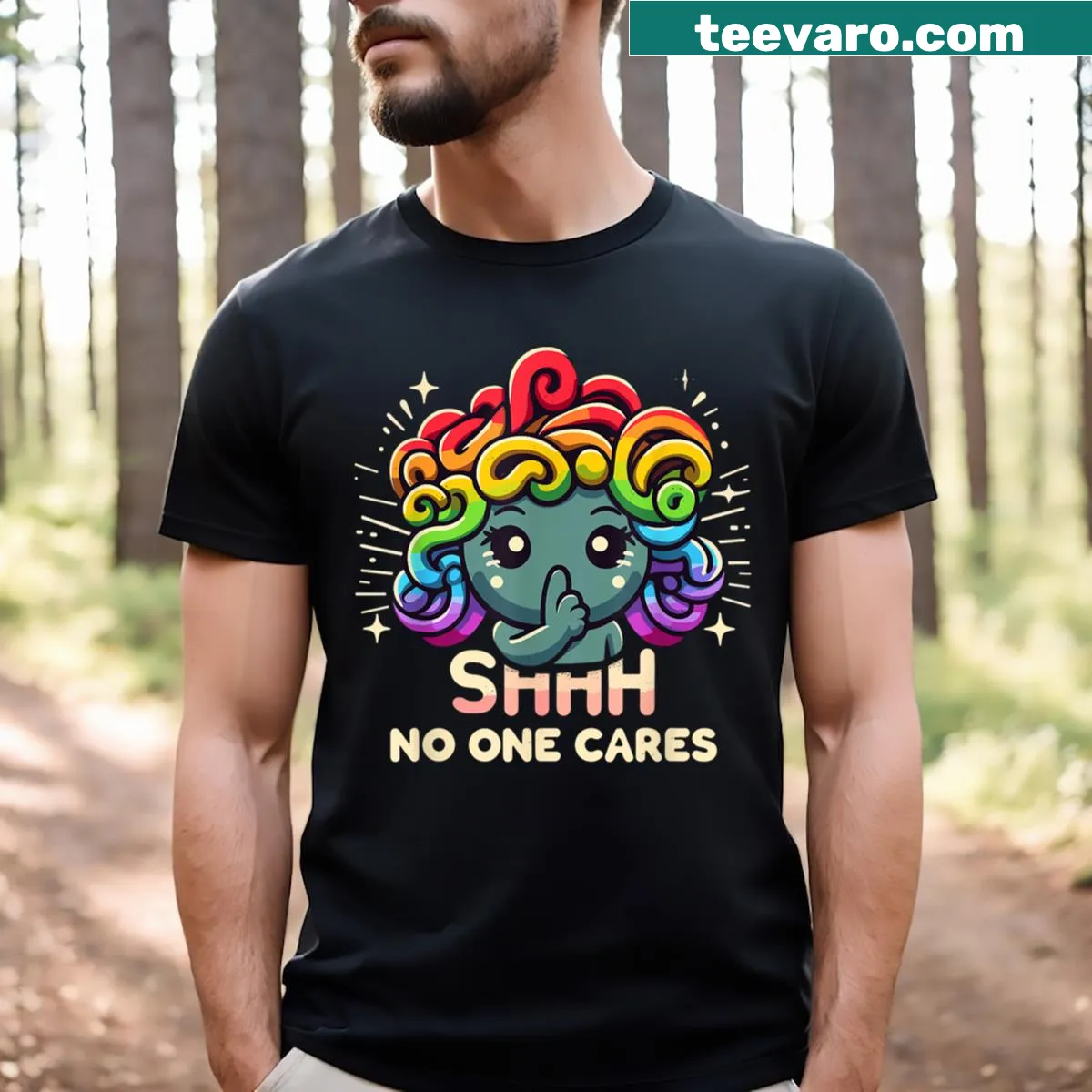 Sarcastic typography T-shirt with the phrase 'Shhhh No One Cares' — on a men's t-shirt
