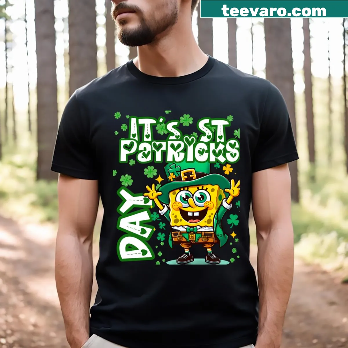 SpongeBob themed graphic for St. Patrick's Day on a T-shirt — on a men's t-shirt