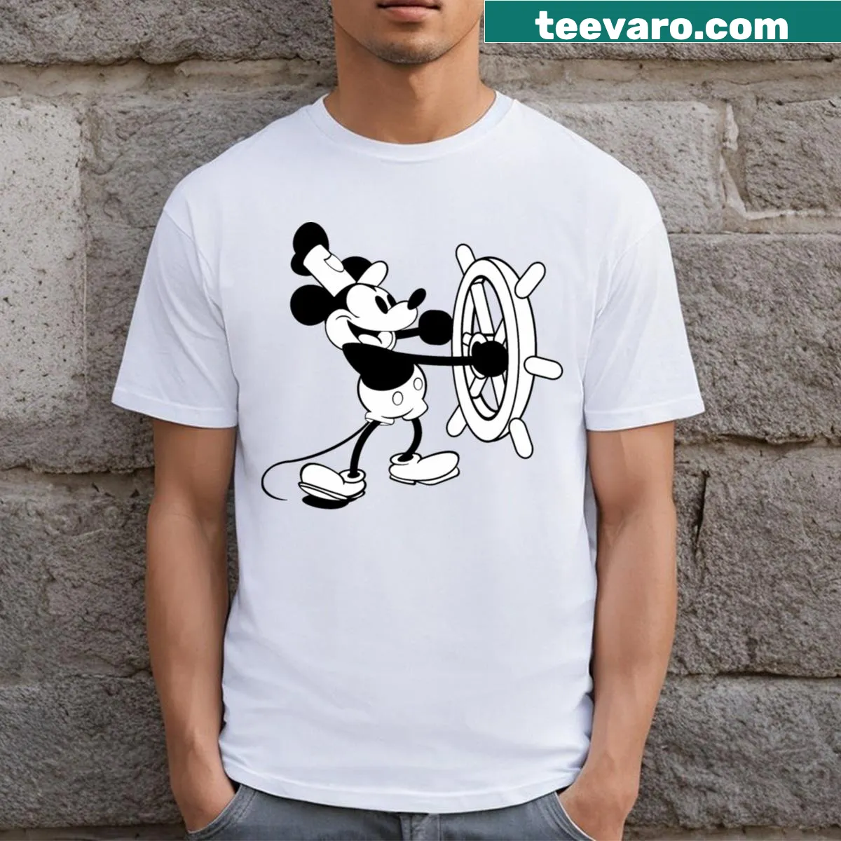 Vintage Steamboat Willie cartoon t-shirt celebrating classic animation — on a men's t-shirt
