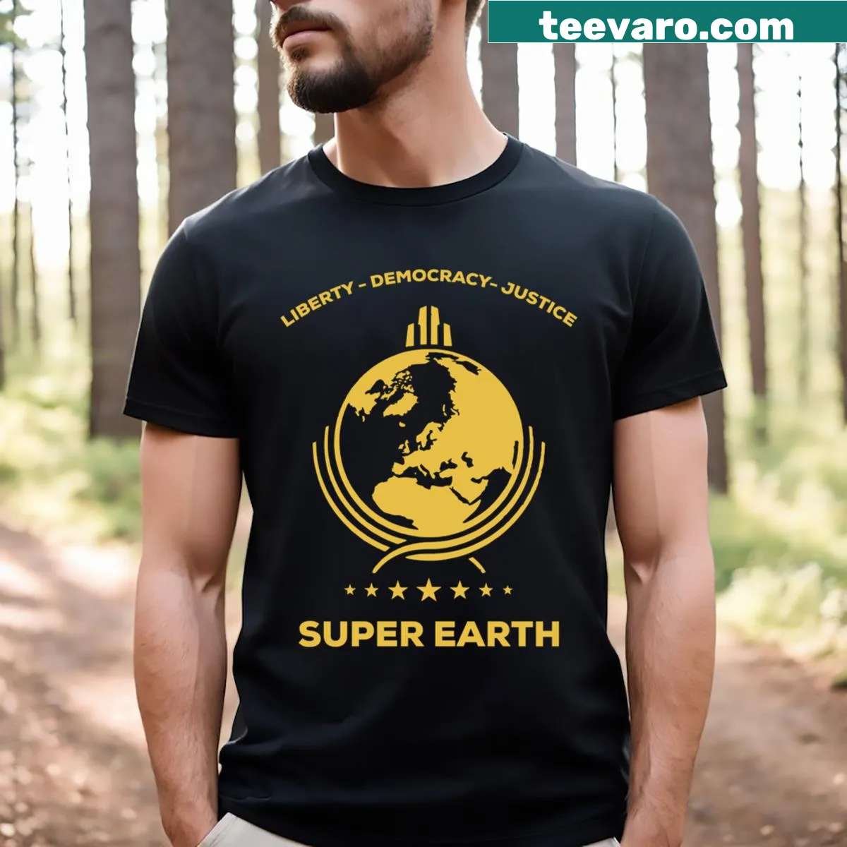 T-shirt with 'Diving Into Hell For Super Earth' text graphic — on a men's t-shirt