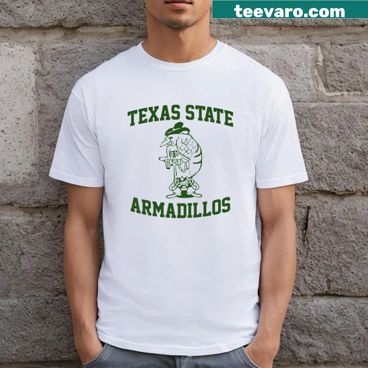 Emblem graphic of Texas State Armadillos on a T-shirt. — on a men's t-shirt