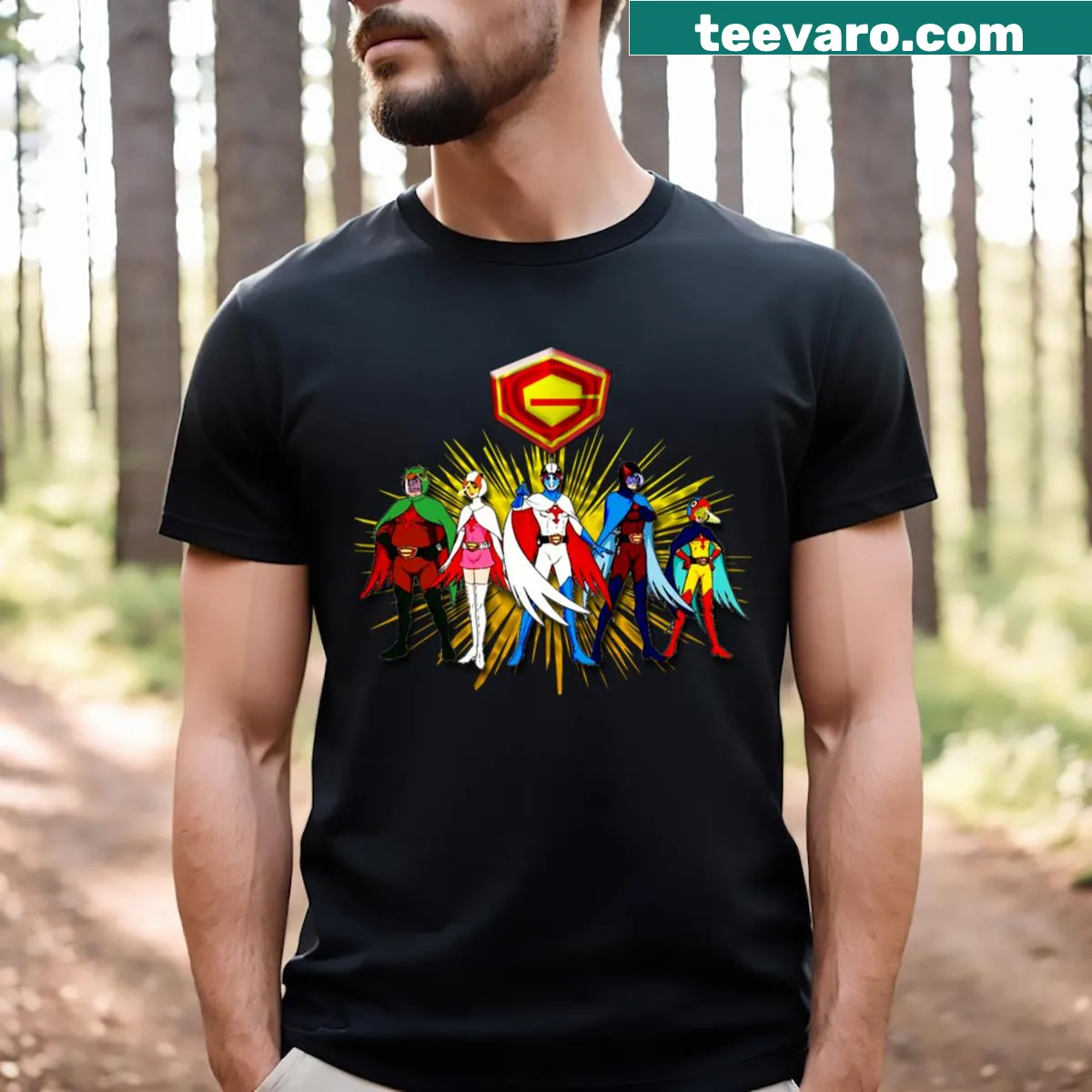 Dynamic t-shirt showcasing the Gatchaman team — on a men's t-shirt