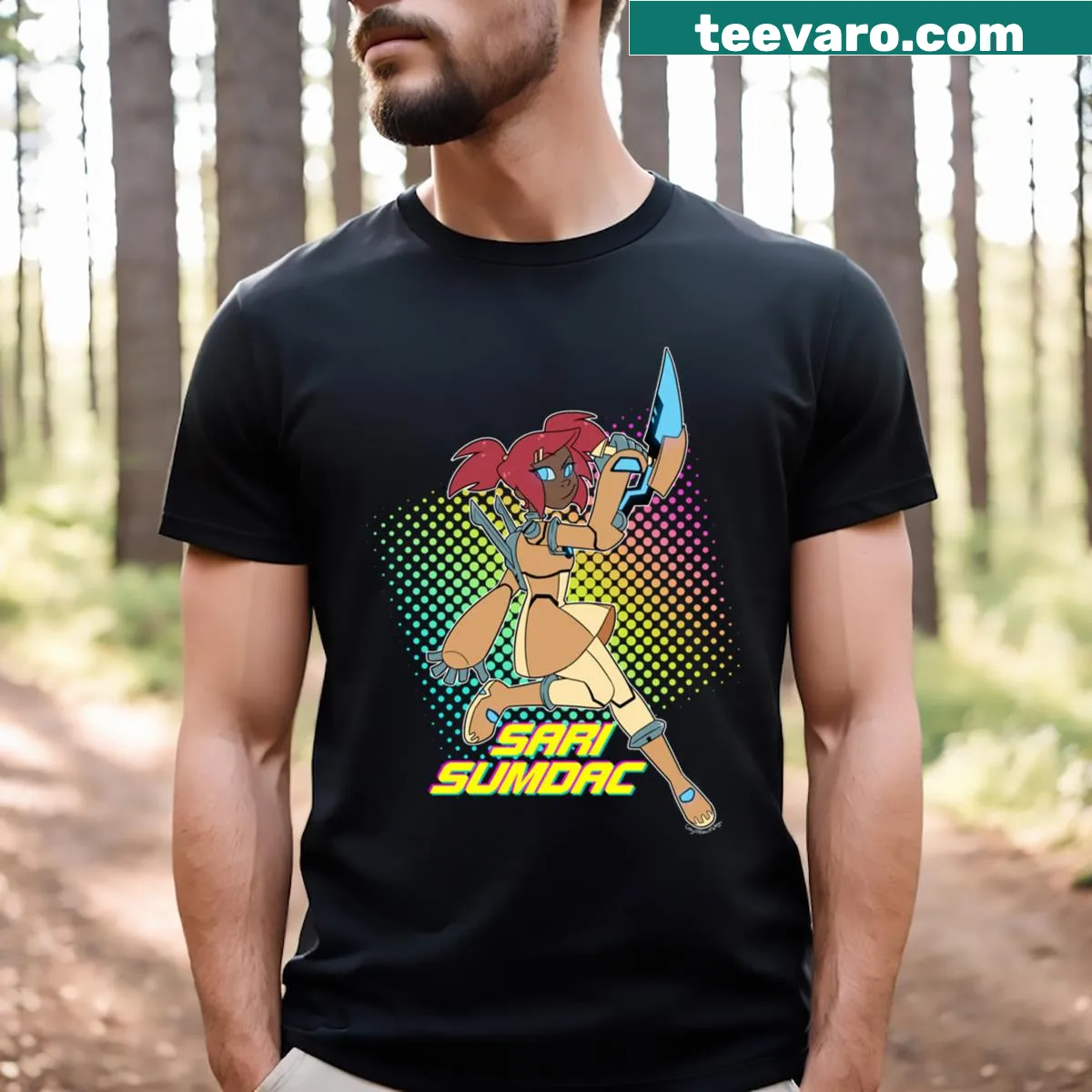 Transformers Animated Sari Sumdac graphic t-shirt featuring dynamic pose — on a men's t-shirt