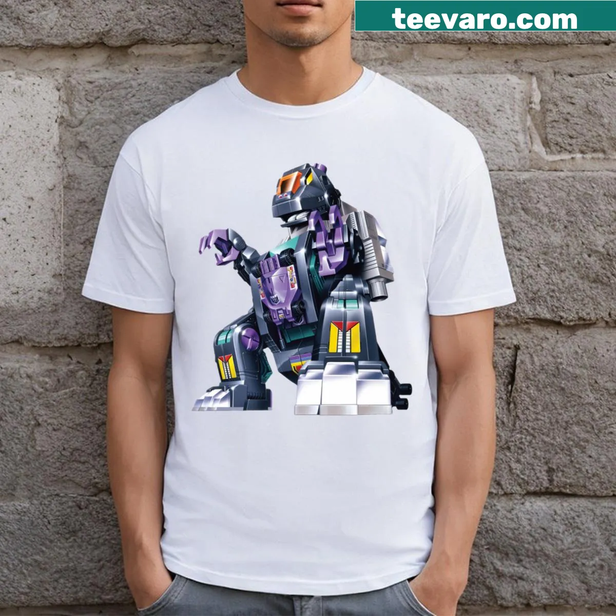 Illustrated graphic of Trypticon from Transformers on T-shirt — on a men's t-shirt