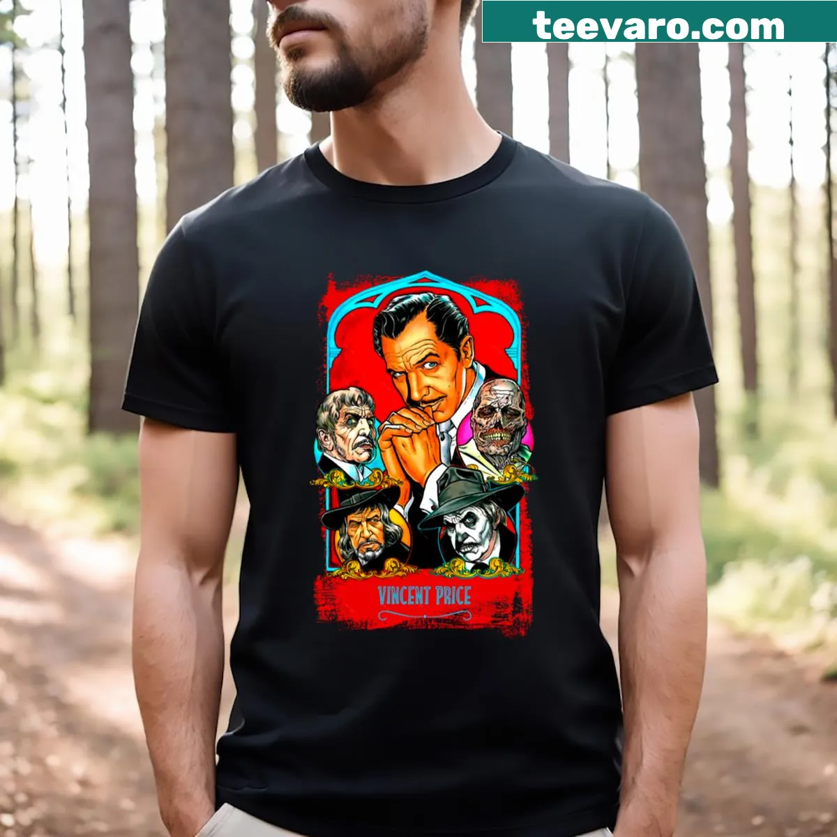 Vintage-inspired Vincent Price shirt with an artistic portrait of the horror master — on a men's t-shirt