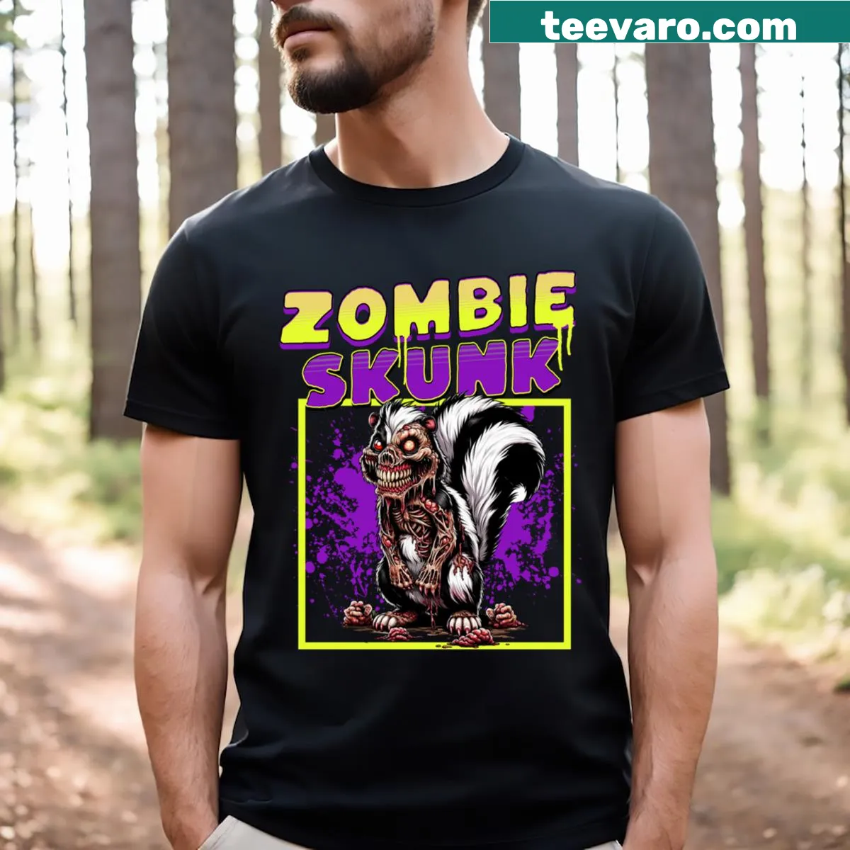 Funny T-shirt with a cartoon zombie skunk design — on a men's t-shirt