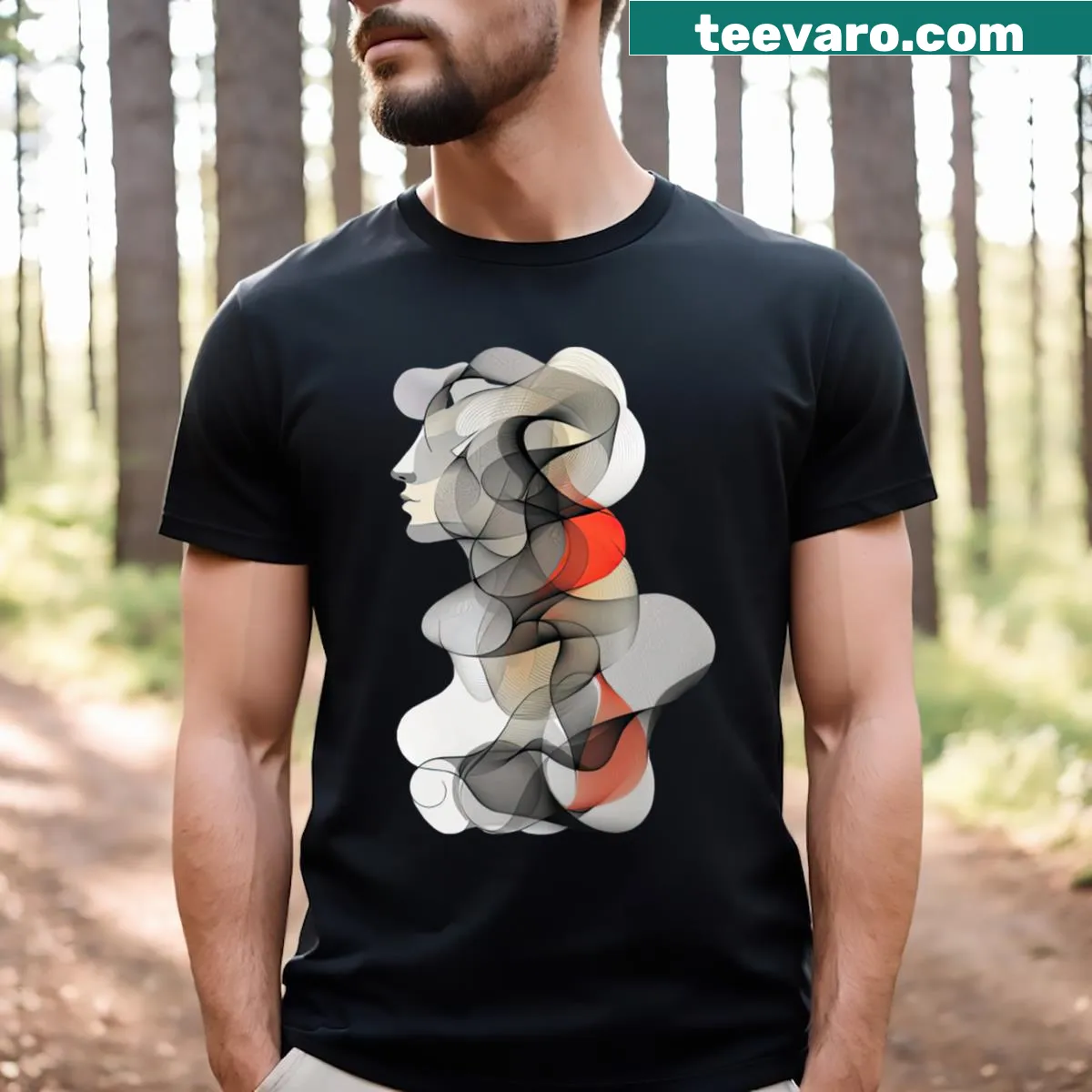 Minimalist T-shirt featuring abstract lines and figures of a lady in typography. — on a men's t-shirt