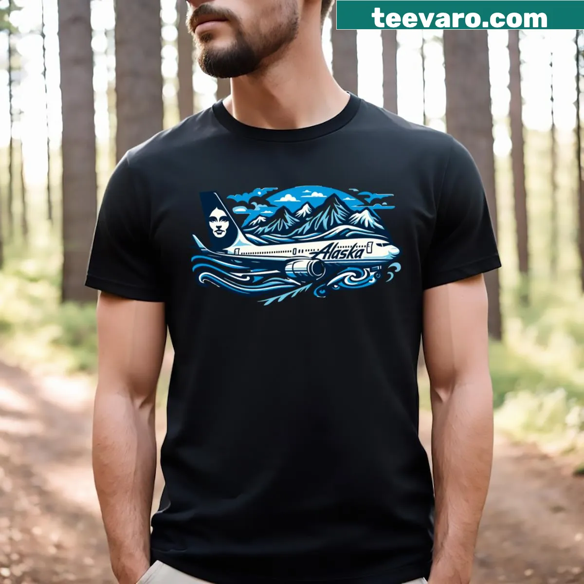 T-shirt featuring Alaska Airlines typography design — on a men's t-shirt