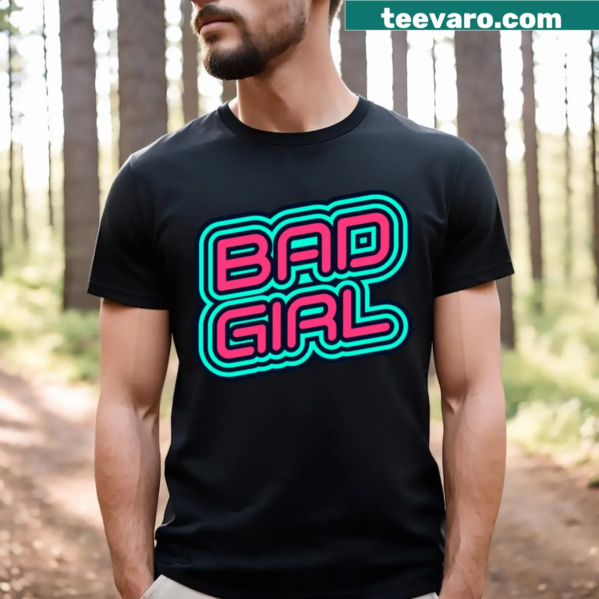 Text design of 'Bad Girl Baddie' on a T-shirt — on a men's t-shirt