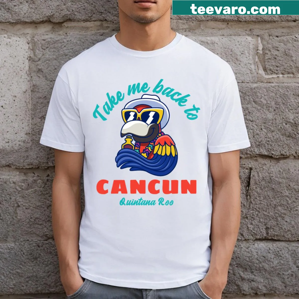 Illustration of Cancun with palm trees and beach on a T-shirt — on a men's t-shirt