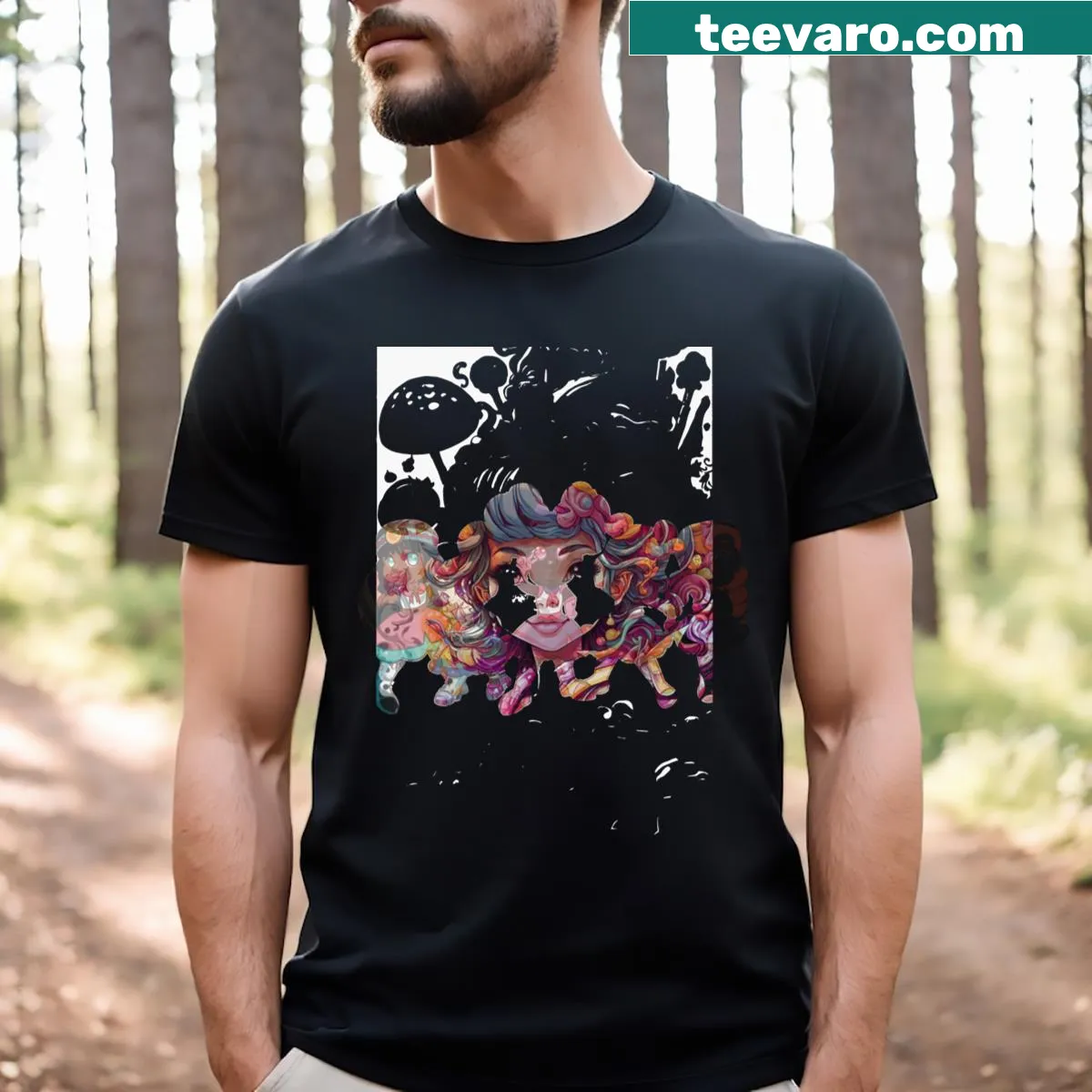 Cartoon-style graphic showcasing iconic characters on a T-shirt — on a men's t-shirt