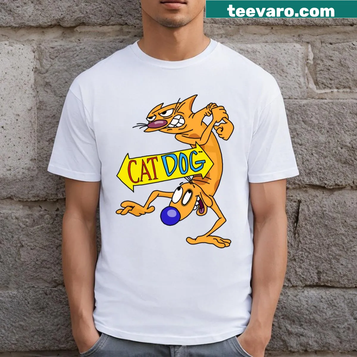 Funny Cat Daawwwgg t-shirt with playful text celebrating cat owners — on a men's t-shirt