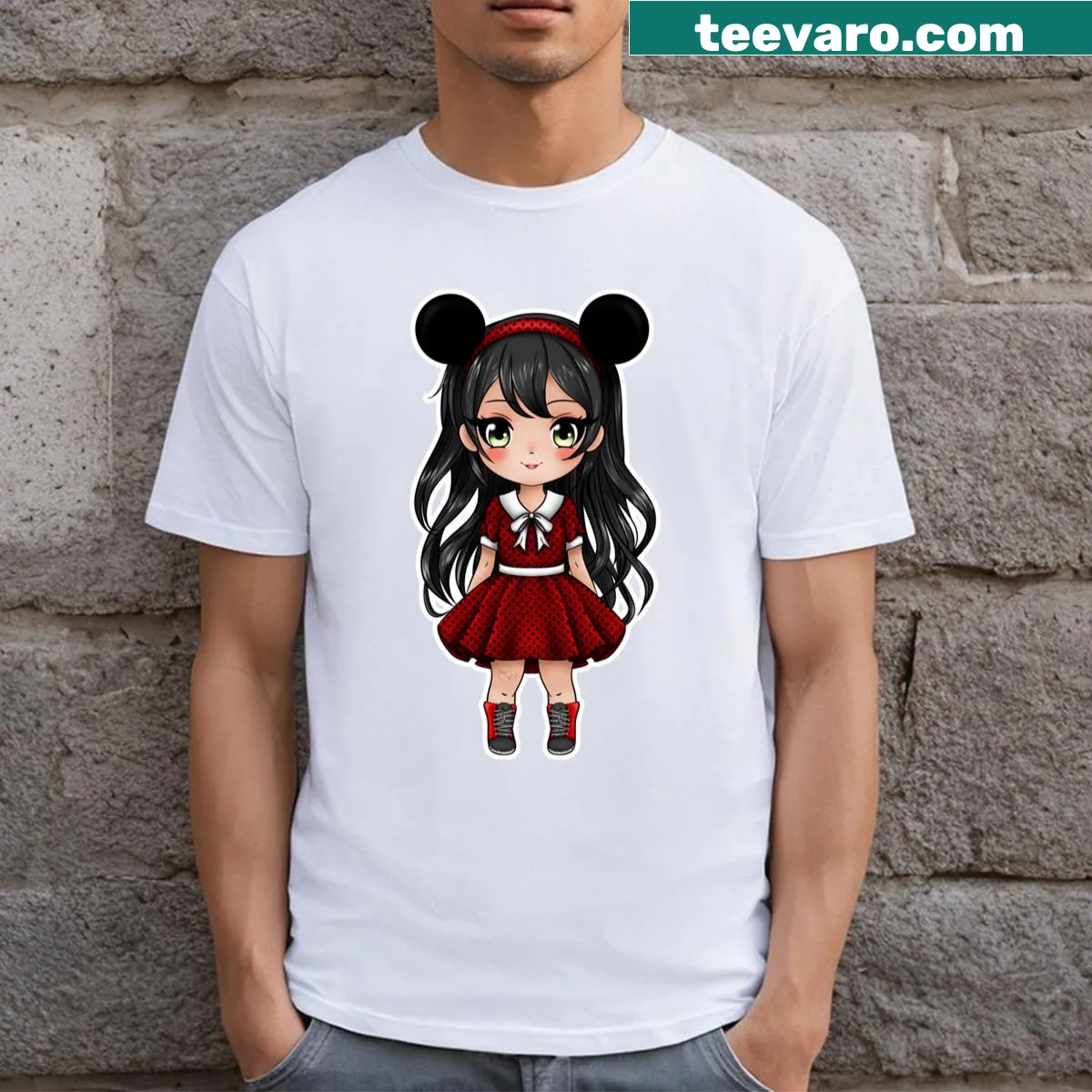 Chibi Minnie Mouse illustration on a cosplay T-shirt for kids — on a men's t-shirt