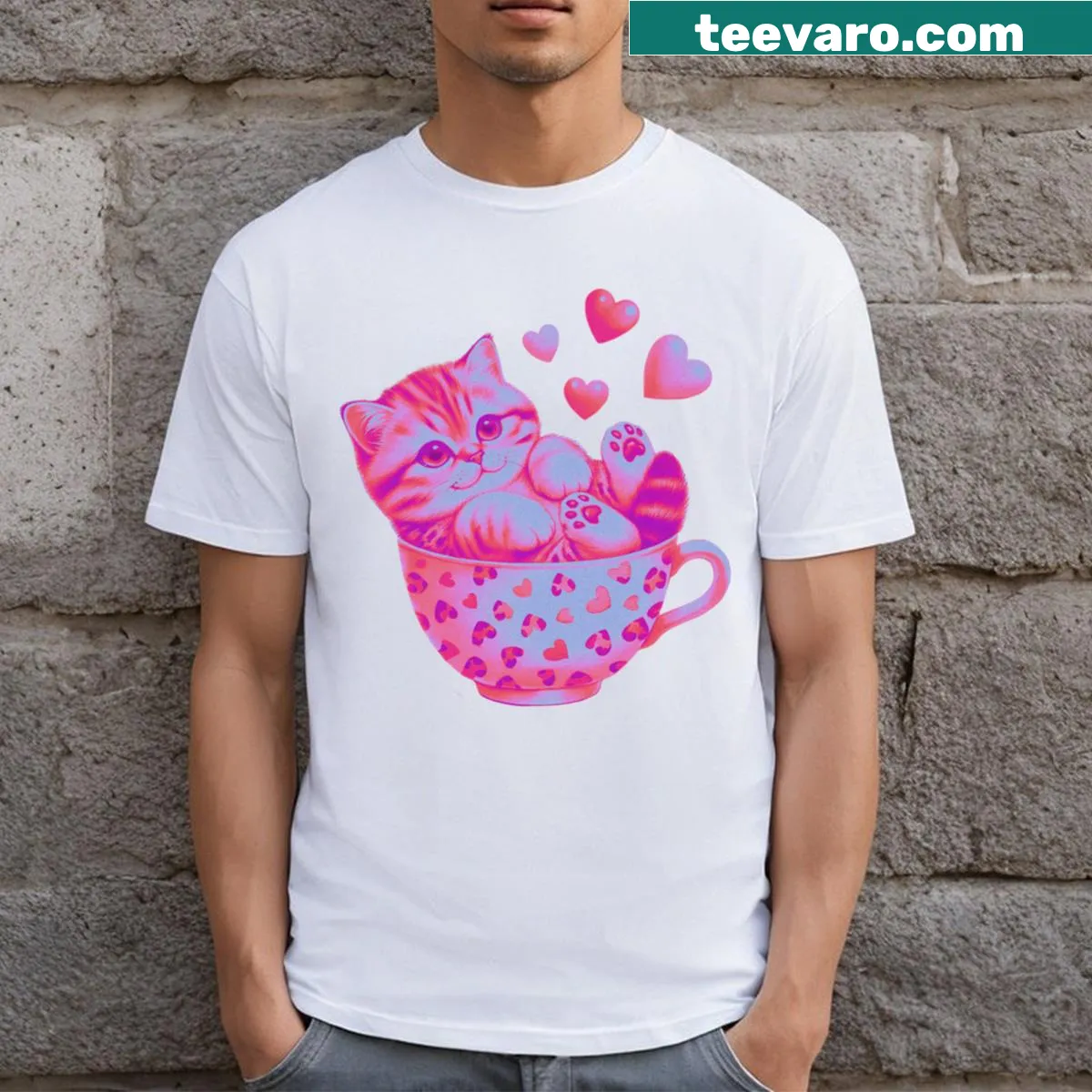 Cute t-shirt with a cartoon kitty in a cup. — on a men's t-shirt