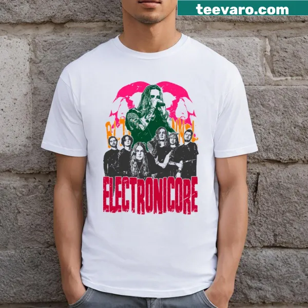 Graphic T-shirt featuring electronic and metalcore music themes