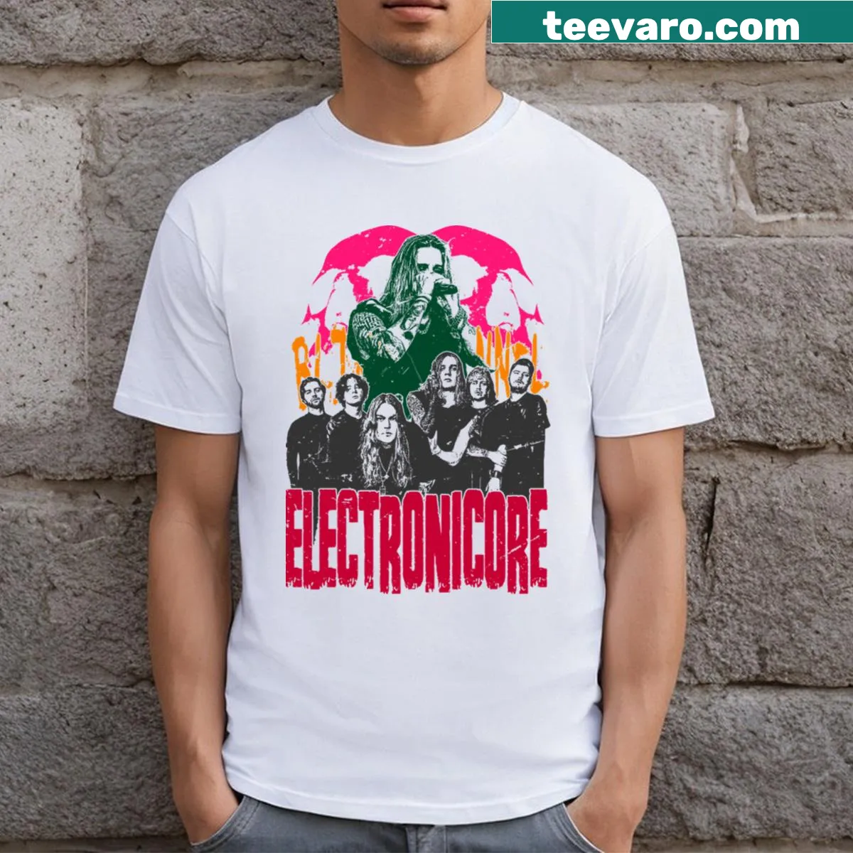 Graphic T-shirt featuring electronic and metalcore music themes — on a men's t-shirt