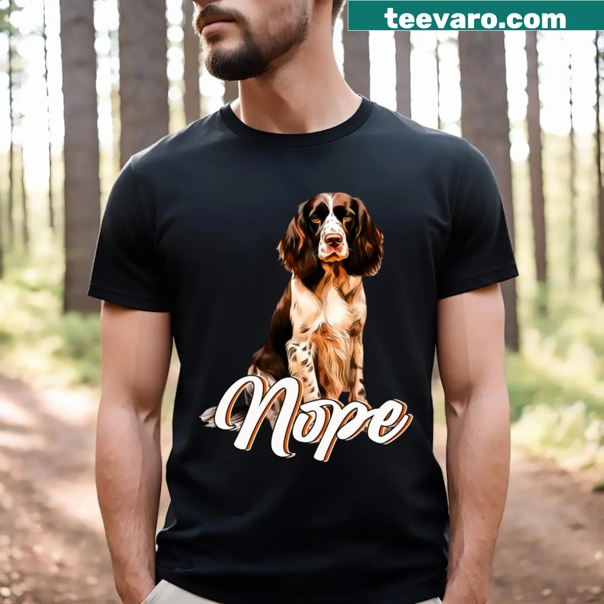 Typography T-shirt celebrating English Springer Spaniels. — on a men's t-shirt