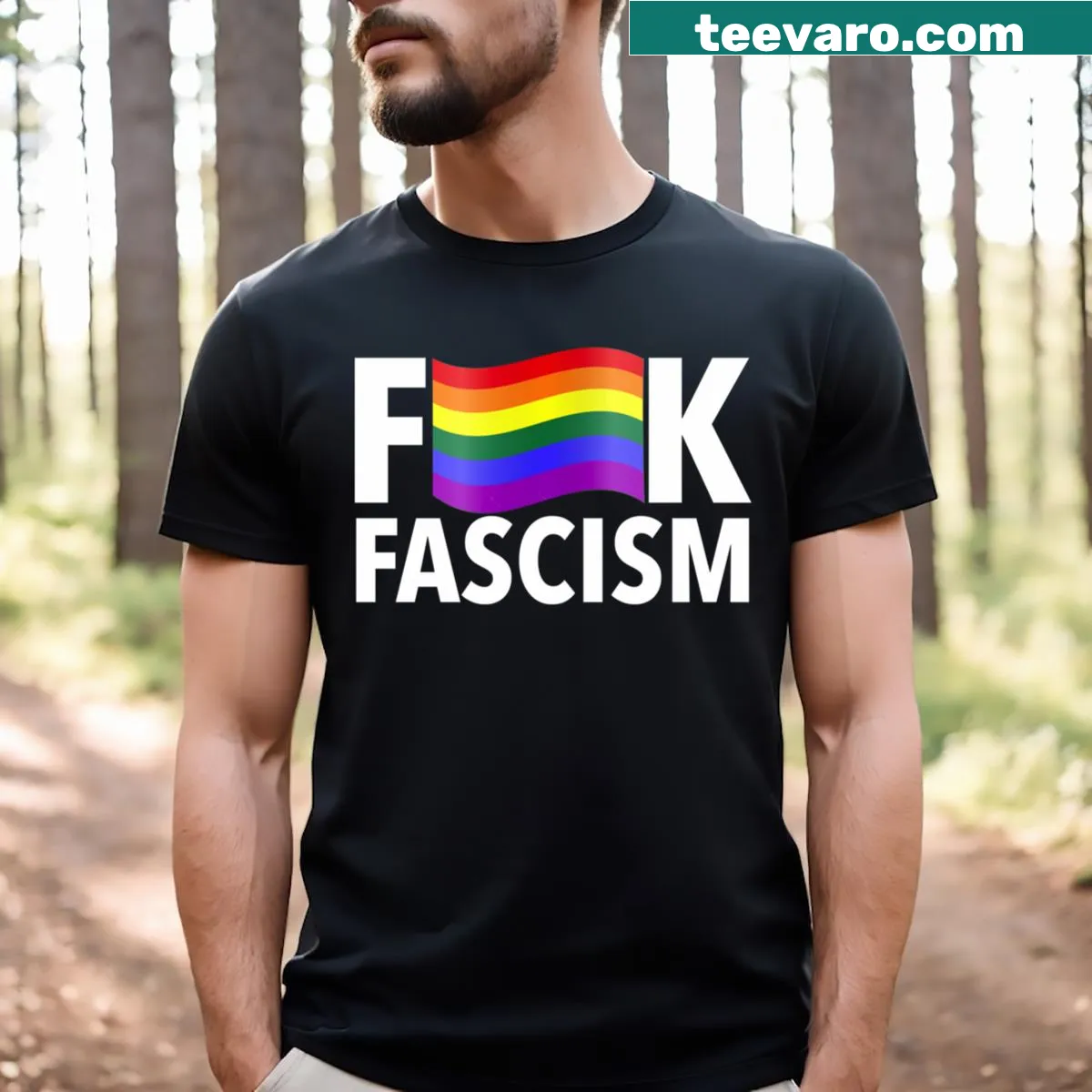 Graphic tee with 'F Fascism' and Gay Pride flag design — on a men's t-shirt