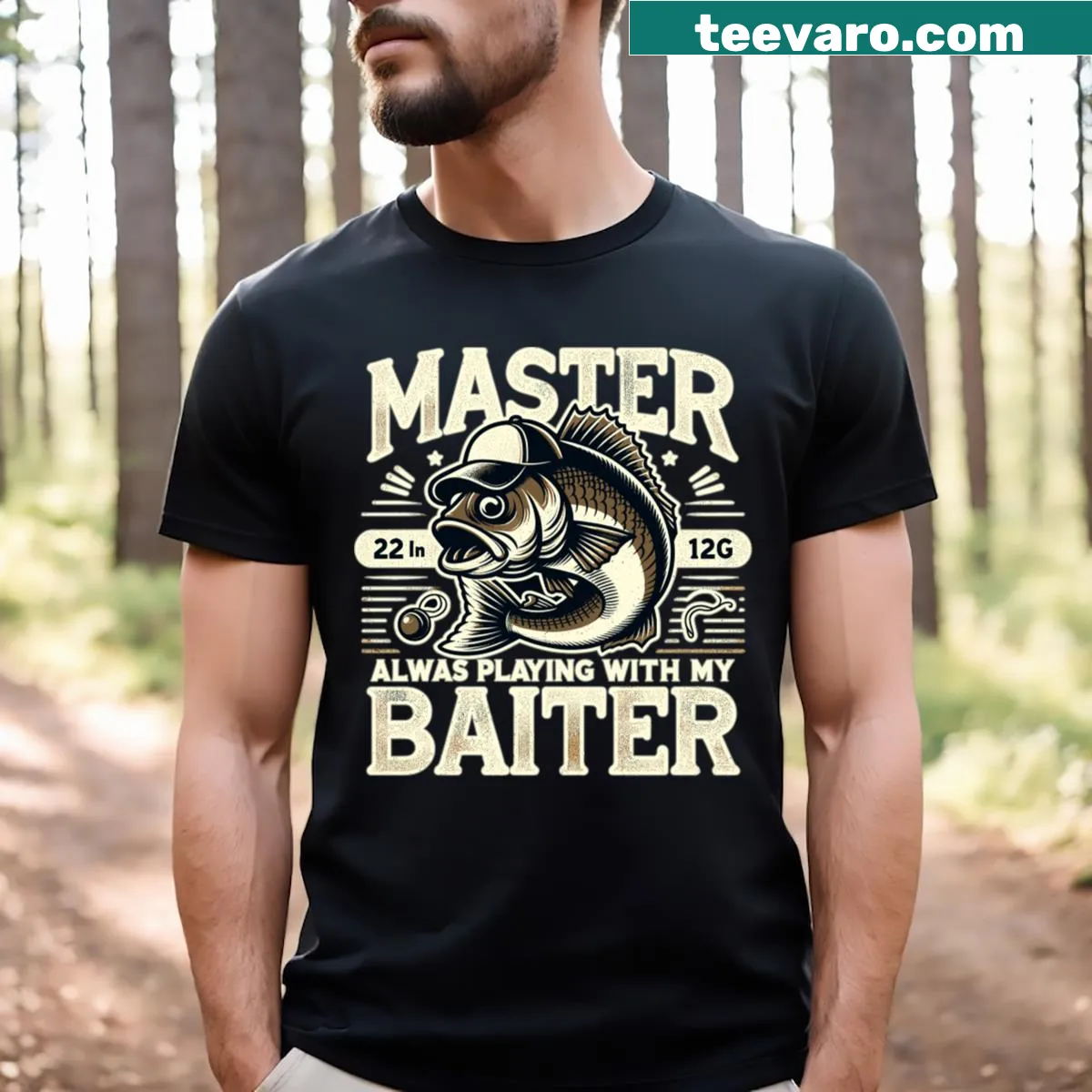 Humorous Fish Whisperer T-shirt design with angler illustration — on a men's t-shirt