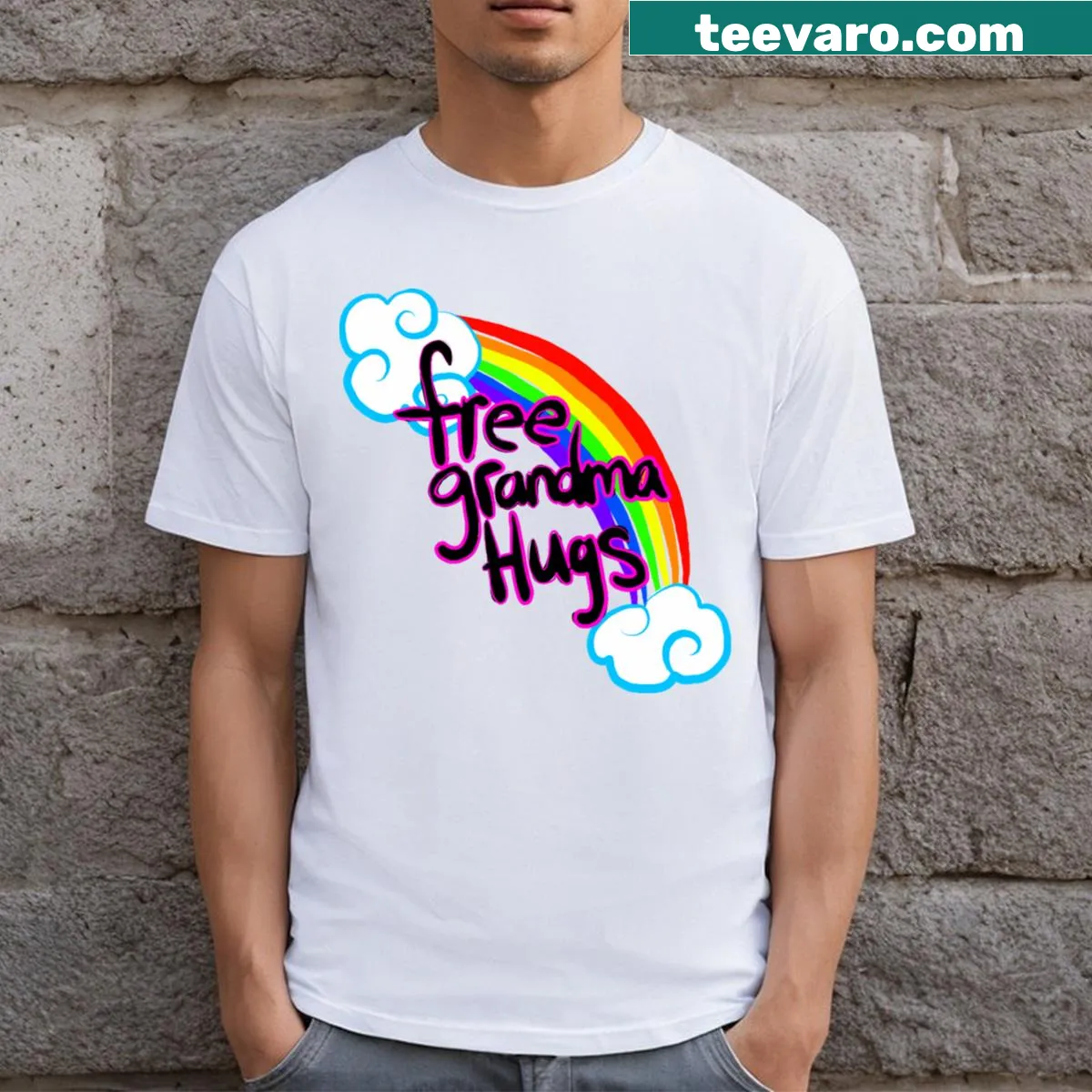 Free Grandma Hugs T-shirt with charming typography design — on a men's t-shirt