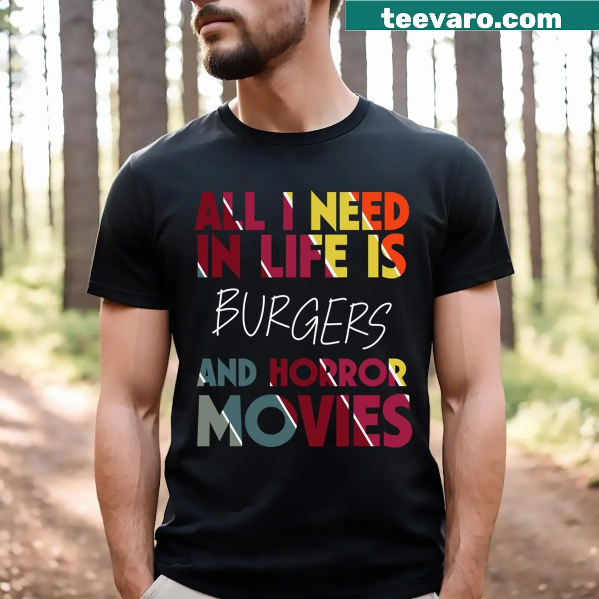 Funny text graphic T-shirt for burger and horror movie lovers — on a men's t-shirt