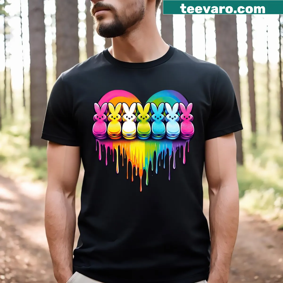 Easter-themed t-shirt featuring hanging bunnies — on a men's t-shirt