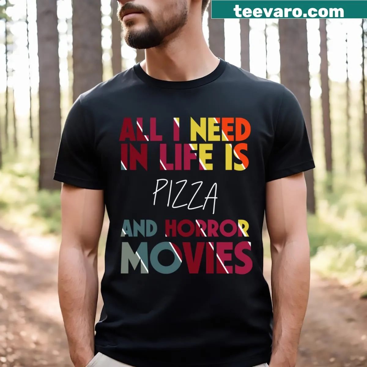 Graphic tee combining pizza and horror movie themes — on a men's t-shirt