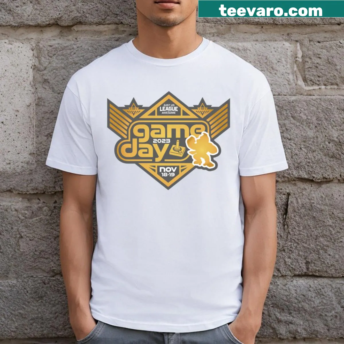 Graphic T-shirt celebrating Game Day 2023 for sports fans — on a men's t-shirt