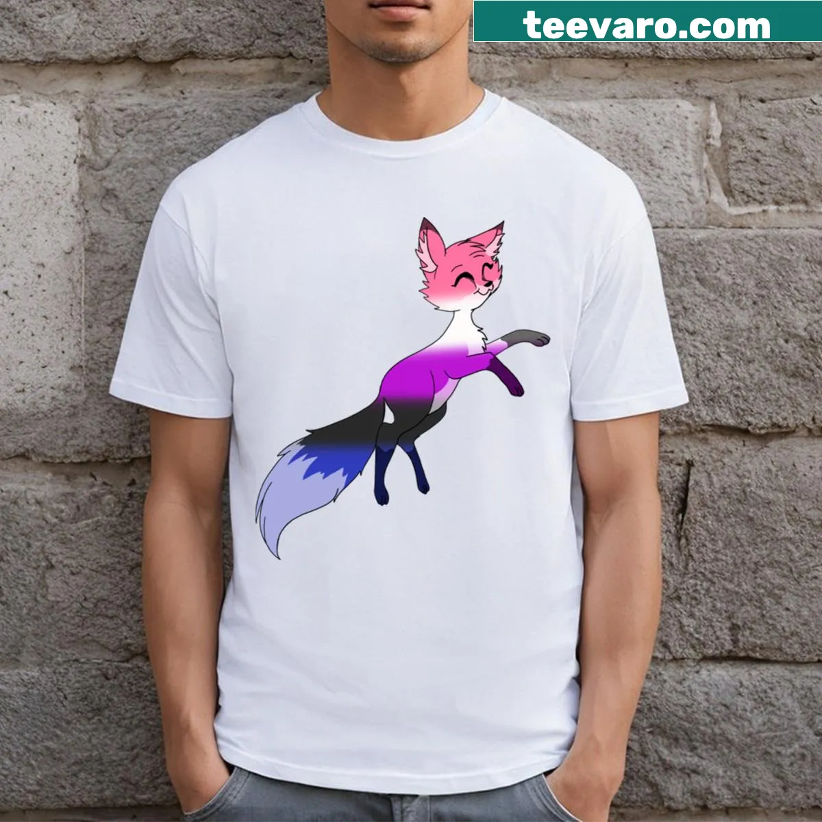 Whimsical fox design representing gender fluidity on T-shirt — on a men's t-shirt