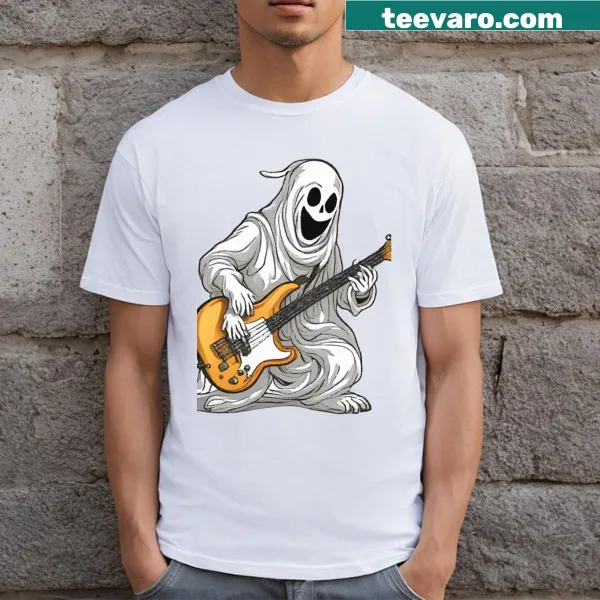 Cartoon ghost playing bass guitar on a humorous T-shirt
